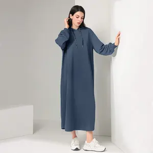 Custom Logo Muslim Womens Maxi Long Hoodie Dress Pullover Sweatshirt For Muslin Girl Spring Fall Autumn Winter Loose Dress