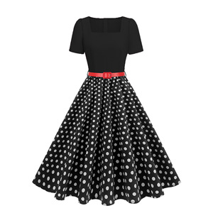 Abito Vintage da Donna con Colletto Quadrato, Elegante Stile Hepburn, Stampa Floreale a Pois, con Cintura, Lunghezza <span class=keywords><strong>Midi</strong></span> per l'Estate e il Tempo Libero - Product Image 4