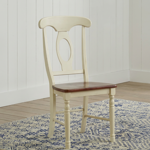 Silla de Comedor Clásica de Madera de Dos Tonos, Estructura Color Marfil, Asiento de Madera Marrón Intenso, Respaldo con Recorte Ovalado, Muebles de Cocina Rústicos - Product Image 1