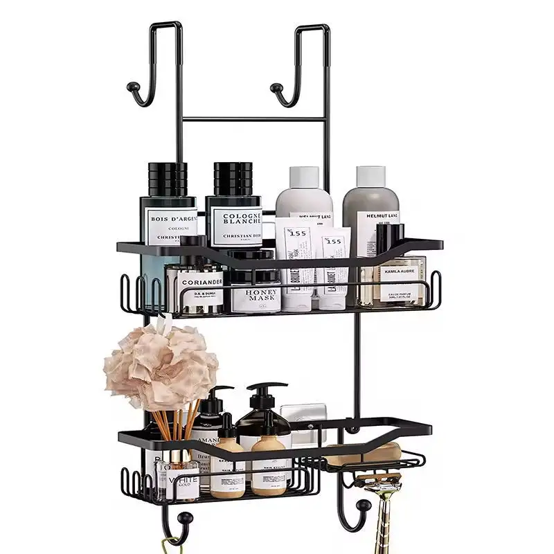 Bathroom accessories wall mounted storage rack stainless steel black non drilled adhesive bathroom shelves