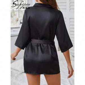 SFY2983 Al por mayor, lujosa bata de dormir de satén de seda de color liso con cuello en V y cintura elástica para mujer, camisón informal, pijama - Product Image 6