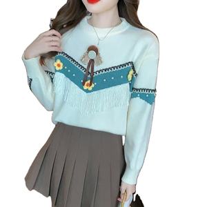 Tops de moda para mujer, prendas de punto explosivas, cuello redondo, borlas, ropa de flores, bloque de Color, patrón de letras, lazo con apliques, nuevo - Product Image 1