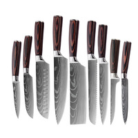 Ensemble de 10 couteaux de cuisine à motif laser Damas, manches en bois coloré, couteaux polyvalents pour trancher, couper, découper la viande, le pain, couteau de chef personnalisé