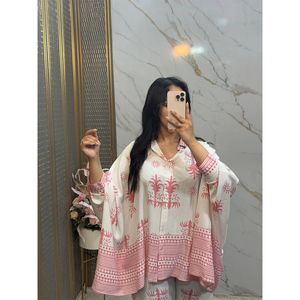 Bohemian Floral Printed Casual Loose Woven Cotton Kaftan Top & Wide Leg <b>Trouser</b> Loungewear Set for Summer Resort - Product Image 3