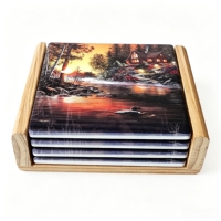 Offre Spéciale – Sous-verres en céramique personnalisables imprimés UV, motif cabane de montagne et lac, motif coucher de soleil forêt rustique, résistants à la chaleur et antidérapants pour table