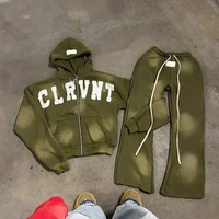 Berat katun pria matahari pudar asam adalah Tracksuit Zip up layar cetak Hoodies Raw Hem keringat celana set