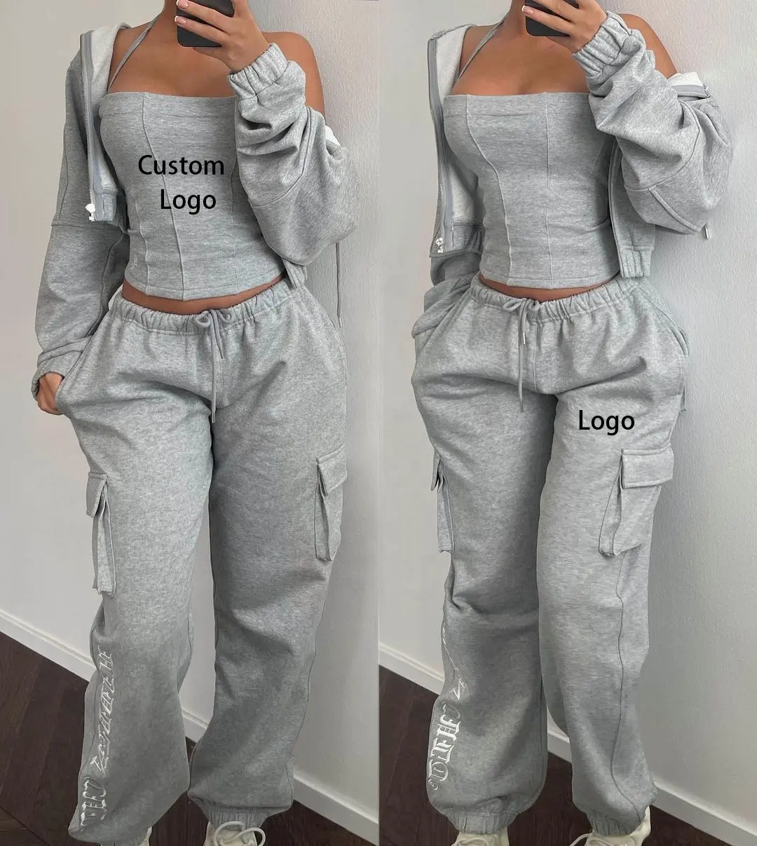 Custom Logo Autumn 2023 New Streetwear Bodysuit Tracksuits Terry Toweling Vest Short Sweatshirt Pants 4 Two Piece Set for Woman