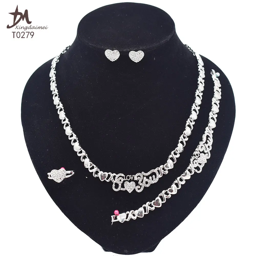 T0279 High quality silver color fishbone 4piece I love you jewelry set big set african jewelry