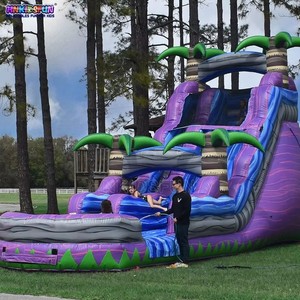 Toboggan aquatique gonflable commercial en PVC à double piste, motif palmier tropical marbré, pour la <span class=keywords><strong>location</strong></span> événementielle - Product Image 1