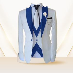 Abito da sposo a 3 pezzi da uomo, design alla moda, gilet <span class=keywords><strong>bianco</strong></span>, pantaloni blu royal, smoking. - Product Image 2