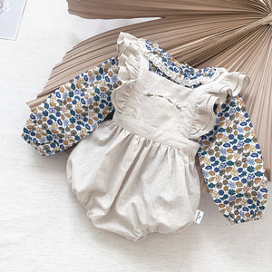 Verano vintage niños color sólido Lino algodón ropa niño bebé <span class=keywords><strong>niña</strong></span> sin mangas volante sin espalda bordado flor mameluco - Product Image 6