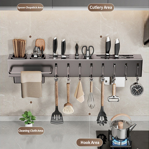 Organizador de Cocina Multifuncional de Pared, Metálico y PP, para Almacenamiento de Cuchillos y Utensilios, con Ganchos para Colgar y Barra para Toallas - Product Image 3