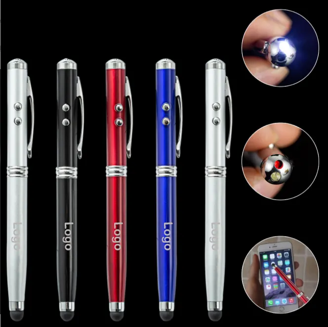4 In 1 multi function stylus custom logo boligrafos LED light pen with laser light point logo pens for gift