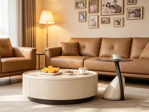 Modern <b>Round</b> Coffee <b>Table</b> With Storage <b>White</b> Resin Top Metal Frame Living Room Furniture Minimalist Design - Product Image 2