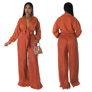 Casual 2‑Piece Women Matching <b>Set</b>, Lapel <b>Tie</b> Knot Blouse High Waist Pleated Wide Leg Pants, Vacation Party Outfit - Product Image 2