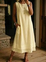 Robe midi décontractée et élégante en lin sans manches à col rond pour femme, grande taille, haute qualité, collection été 2026