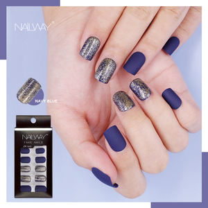 Faux Ongles à pression personnalisés, artificiels, couverture complète, courts, carrés, avec paillettes, en poudre, 24 pièces - Product Image 2