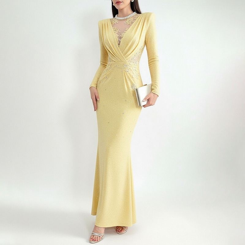 chinese dress ladies Yellow Off Shoulder Long Sleeves Ruched Slit Dress – Hot Miami Styles main image 0