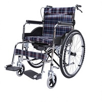 Fauteuil roulant manuel avec cadre en acier chromé, siège à carreaux rouges, pliable, capacité 100 kg, pour soins aux personnes âgées