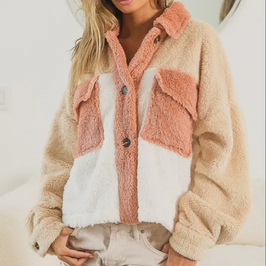 hot sale Cozy Sherpa Short Jacket in Latte, Ivory, and Dark Peach For Women