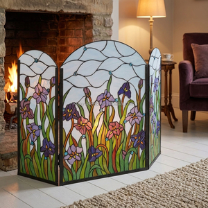 Écran de cheminée en vitrail 3 panneaux motif floral iris, décoration traditionnelle, forme cathédrale, décoration artistique pour salon - Product Image 1