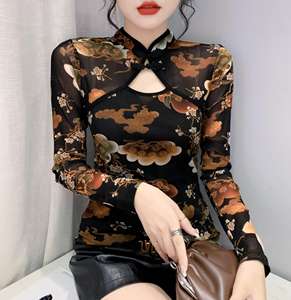 Otoño nuevo digno <span class=keywords><strong>de</strong></span> diseño estilo étnico Stand Collar placa pequeña <span class=keywords><strong>boca</strong></span> Sexy malla camisa <span class=keywords><strong>de</strong></span> manga larga mujeres - Product Image 1