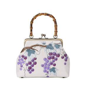 Ancient Style Hanfu Chinese Style <strong>Small</strong> Square Bag <strong>White</strong> Grape Embroidered Banquet Clutch Bamboo Handle Clip Stylish <strong>Handbag</strong> for - Product Image 5
