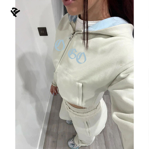 L801210 özel 2 parça Set kadınlar sıkıntılı eşofman kış Y2k Streetwear aplike Terry kısa kapşonlu üst takım - Product Image 3