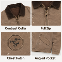 Veste Homme Vintage en Toile de Coton Délavée et Vieillie avec Col en Velours Côtelé, Style Streetwear Décontracté et Robuste pour le Travail – Vente en Gros