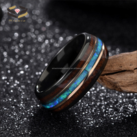 Alliance de mariage en carbure de tungstène noir argenté de 8 mm, sertissage invisible, incrustation en bois de koa, opale bleue, tendance, bagues de fiançailles pour hommes et femmes
