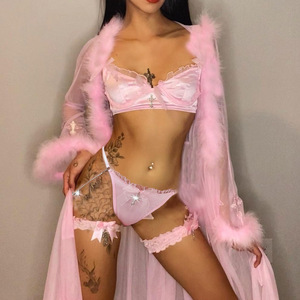 En gros <span class=keywords><strong>Lingerie</strong></span> pour femmes en dentelle rose, style séduction, avec soutien-gorge à nœud croisé et pendentif, et gants, pyjama <span class=keywords><strong>lingerie</strong></span> 2024 - Product Image 1