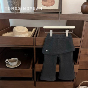 Tongxingyuan Girls Fleece <b>Lined</b> <b>Pants</b> Dark Gray Solid Color Cotton Autumn Winter Ballet Style Children's <b>Pants</b> - Product Image 1