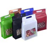 Pochette à fond plat refermable avec fenêtre et poignée, imprimée en héliogravure personnalisée |   Emballage refermable à soufflet latéral pour produits alimentaires