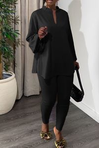 ชุดเซ็ต 2 ชิ้น เสื้อคอวีสีพื้นแบบแยกชิ้นและเลกกิ้งลำลองสำหรับผู้หญิงรุ่นใหม่ล่าสุด - Product Image 3