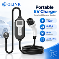 Chargeur EV portable OLINK jusqu'à 22 kW 32 A avec câble de 1/3 phase, type 2, affichage LED et option application pour la recharge à domicile