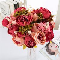 S-1376 bunga Botan bunga Peony flanel artifisial marun Peony buket pengantin bunga artifisial kualitas tinggi sutra merah marun Peony