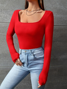 95% Cotton 5% Spandex Women's <b>Square</b> <b>Neck</b> Slim <b>Long</b> <b>Sleeve</b> Shirts <b>Tops</b> - Product Image 2