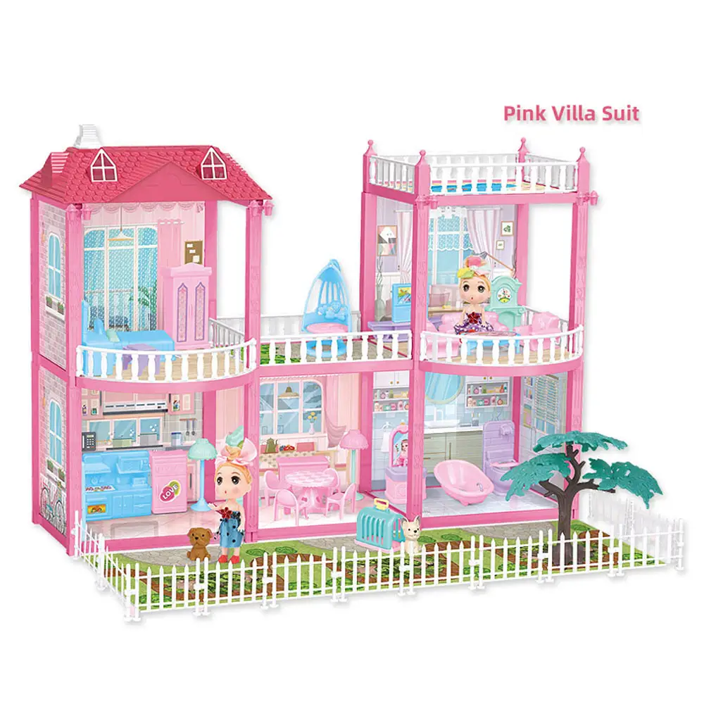 Most popular role play house doll with furniture toy luxury girl pink diy plastic Villa Educational blocks toy