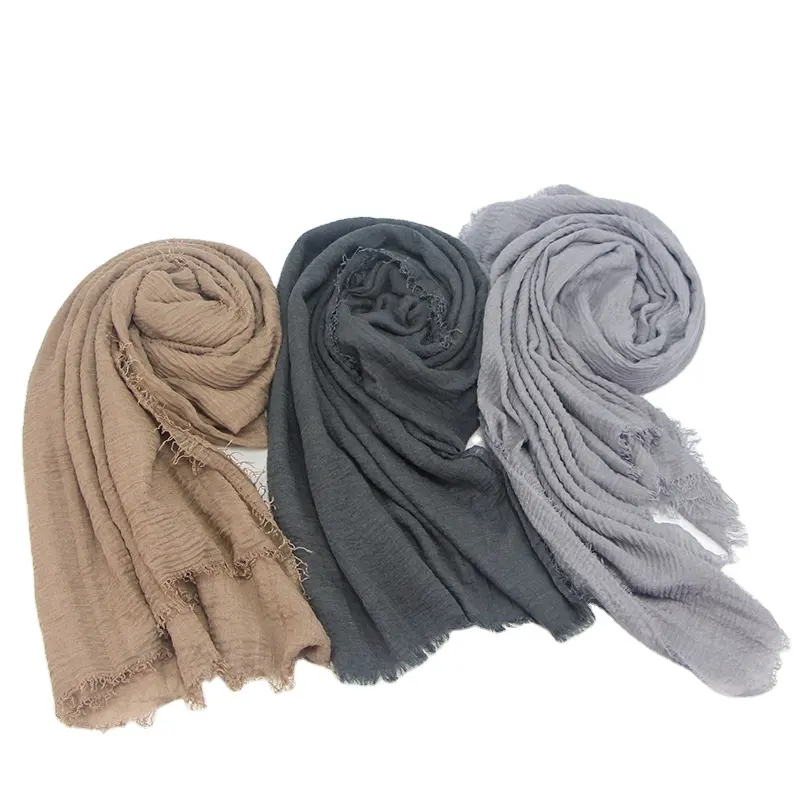Wholesale pleated monochrome shawl magnet scarves muslim hijab pure colour headscarf crinkled cotton hijab