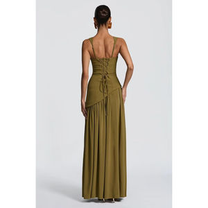 فستان شيفون لوصيفة العروس مع وشاح بفتحة رقبة مربعة وفتحة جانبية بطيات فستان رسمي طويل NT01 - Product Image 2