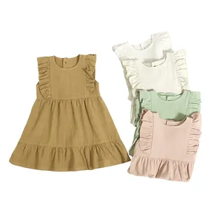 Summer Baby Clothing Toddler Daily Lovely Kids Skirts Linen Cotton Sleeveless Ruffle Newborn Baby Dresses Children Casual Solid