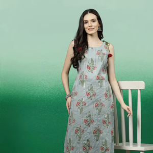 Traditional <b>Indian</b> Designer Pure Cotton Printed Straight Cut <b>Kurti</b> Gotta Work Design Cut Sleeves Pattern Women's OEM Rama Kurtis - Product Image 1