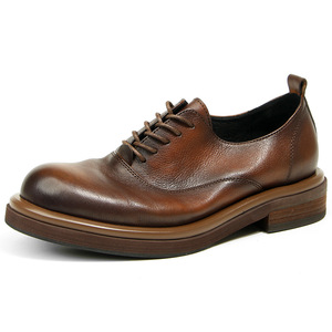 Chaussures en cuir pour hommes, bout rond, marron foncé, en cuir véritable, faites à la main, style vintage, semelle épaisse, plateforme, décontractées, style britannique, robustes - Product Image 1