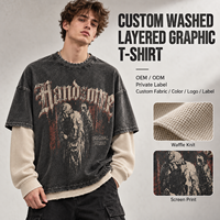 Nouvel Arrivage T-shirt Homme Streetwear à Manches Longues en Maille Gaufrée Lavée Superposée, Imprimé Sérigraphié et Épaules Tombantes