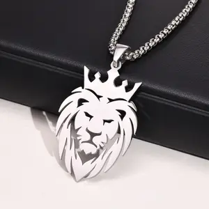 Male Hip Hop Hollow Lion King No Fade Stainless Necklace Pendants Charm Lion Head Animal Pendant Necklace