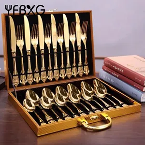 Set di posate in oro regalo reale da 24 pezzi di vendita caldo posate in metallo di alta qualità di lusso in acciaio inossidabile con custodia