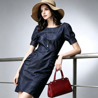 Robe fourreau en jean bleu marine pour femme, col rond, manches bouffantes, taille froncée, coupe ajustée, robe midi décontractée, tenue de travail élégante