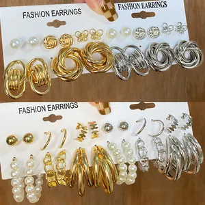 KISSWIFE Vintage Gold Spiral Earrings Set Earrings Stud 6-piece Set Geometric Pearl Inlaid Hoop Earrings