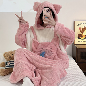 <span class=keywords><strong>Pigiama</strong></span> invernale in <span class=keywords><strong>pile</strong></span> corallo ispessito per ragazze, con design a cartoni animati e cappuccio carino - Adorabile tutina intera per <span class=keywords><strong>bambina</strong></span> - Product Image 1
