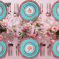 Embrace Oceanic Esthétique Assiettes à dîner en porcelaine-Motifs de corail rouge vif sur toile bleue-blanche